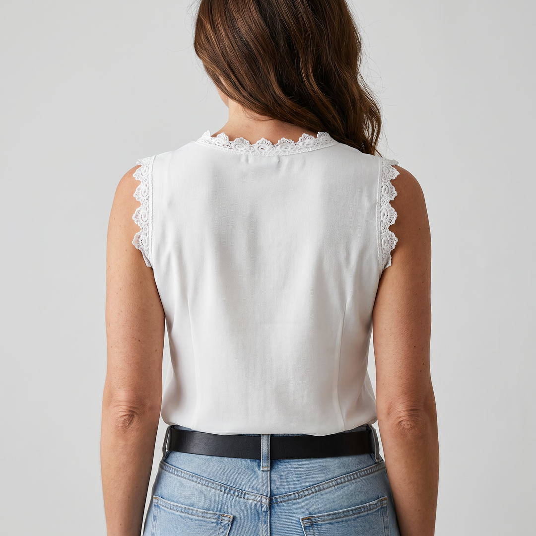Blusa senza maniche con scollo a V e bordo ad arco in pizzo da donna