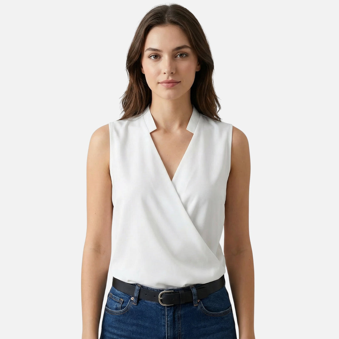 Top smanicato in viscosa con scollo a V e effetto incrociato per donna