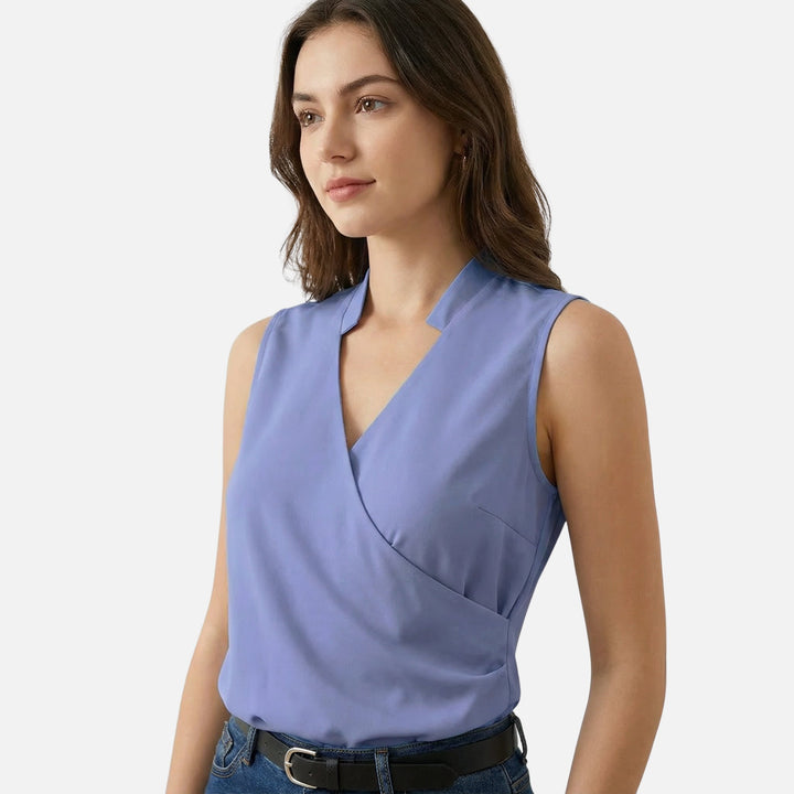 Top smanicato in viscosa con scollo a V e effetto incrociato per donna