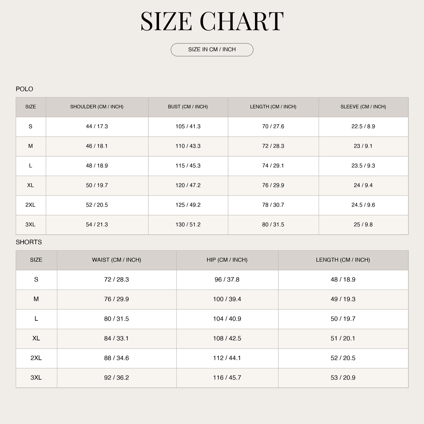 Summer polo shirt & shorts set for men – short sleeve with zipper size chart
