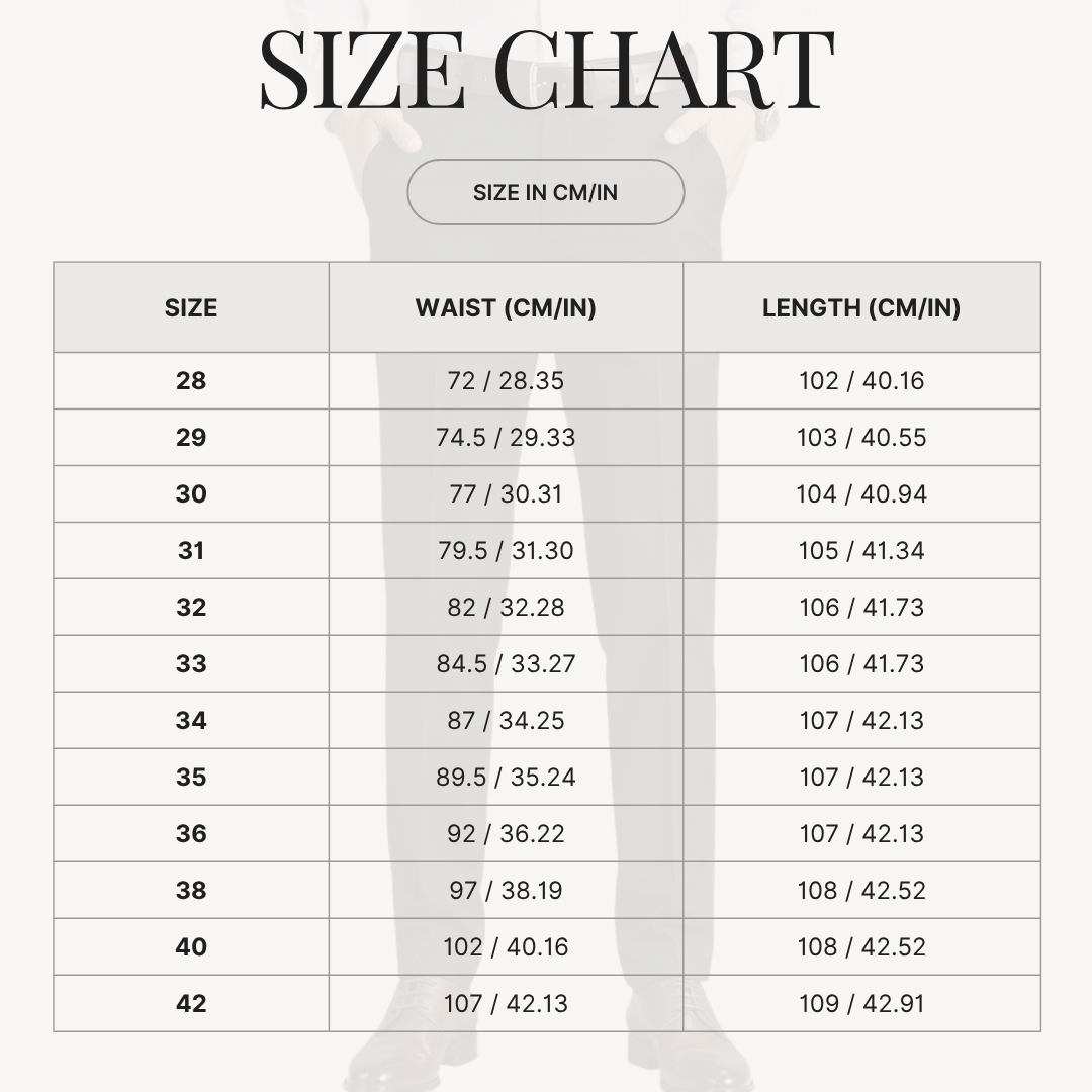 Trousers for Men – Ankle-Length & High-Stretch size chart