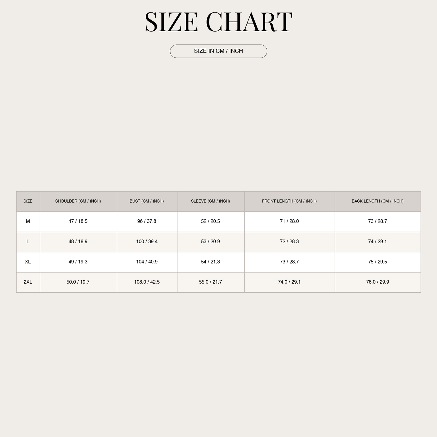 Giacca da campo in cotone per donna – collo alla coreana e tasche a patta size chart