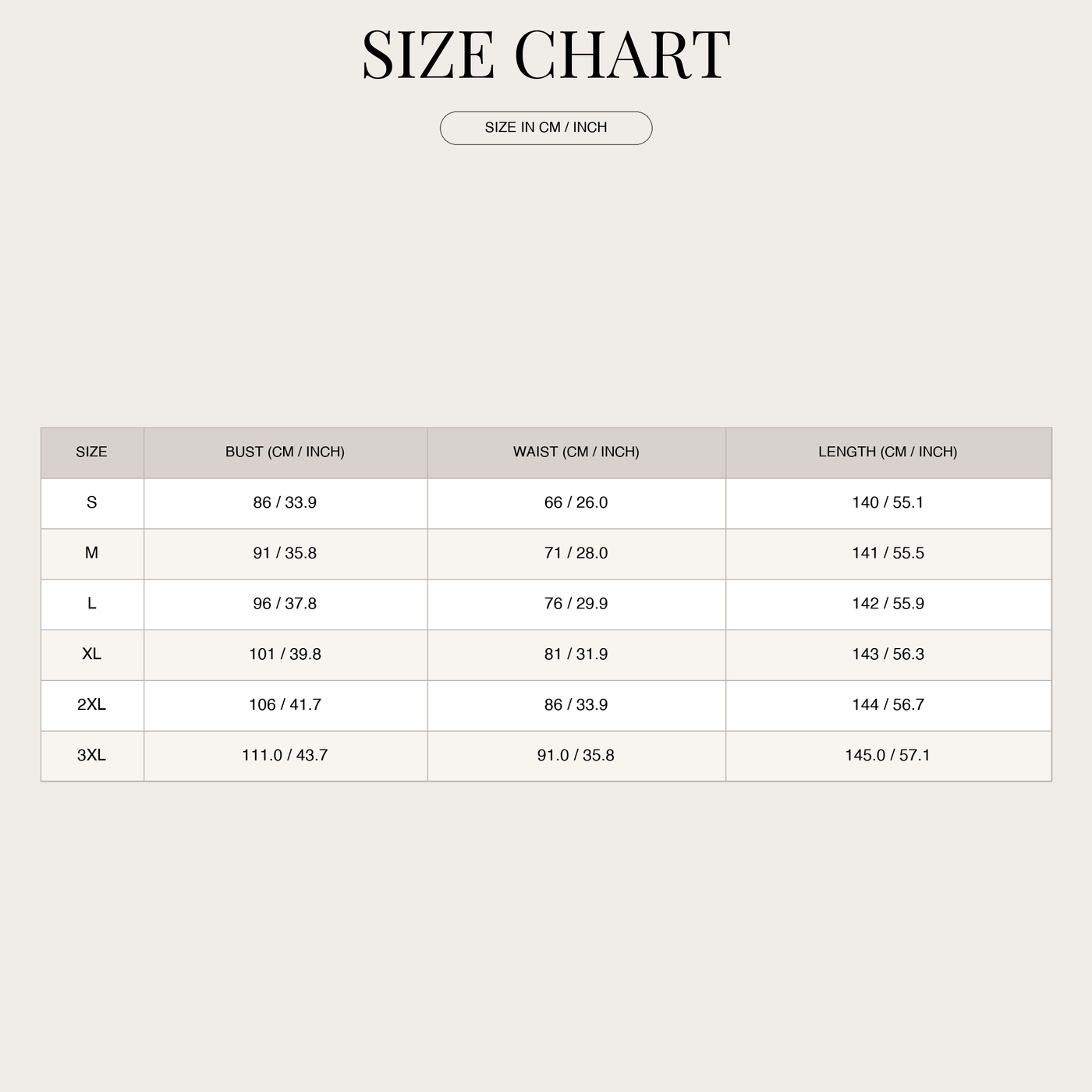 Abito lungo in chiffon da donna – scollo con volant e apertura a goccia size chart