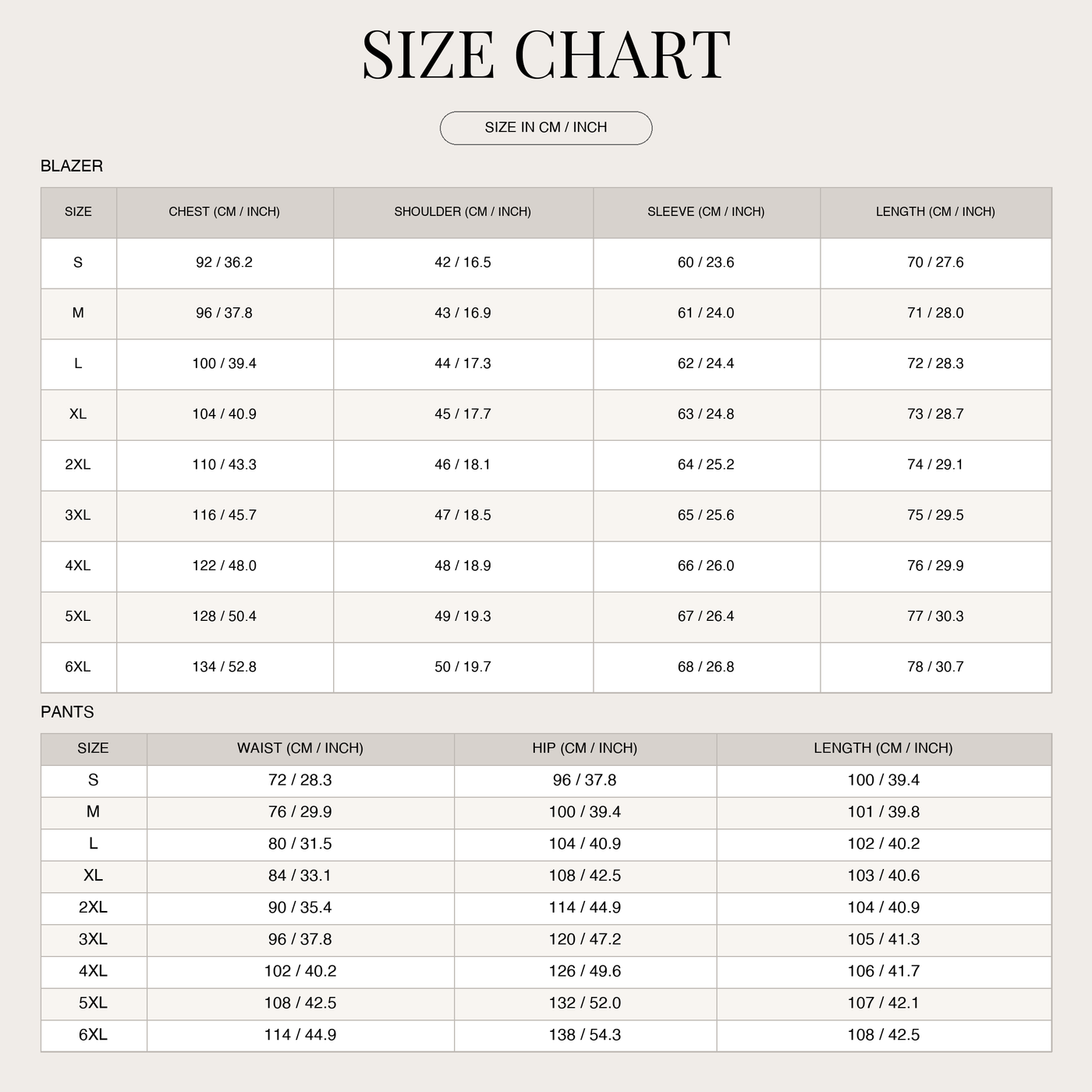 Two-piece suit for men – slim fit for gala events size chart