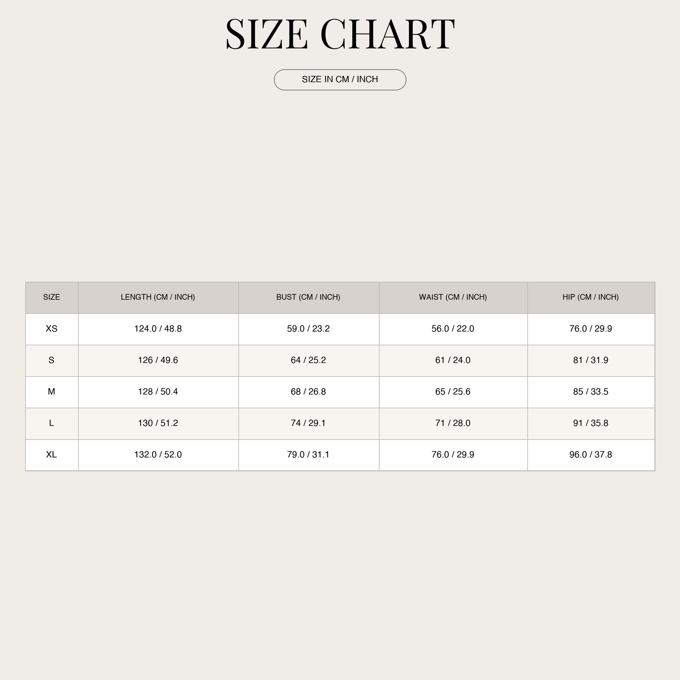 Abito da sposa lungo da donna – elegante size chart