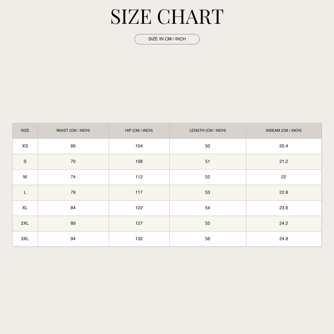 Cargo shorts for men – drawstring and side pockets size chart