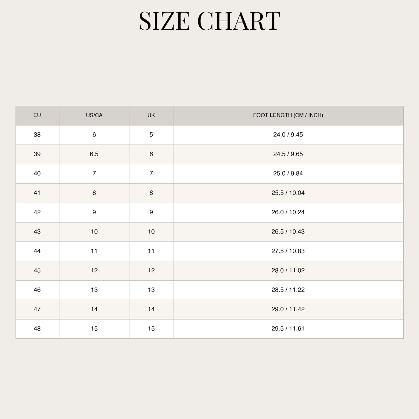Men's Leather Sandals – Slip-On Style size chart